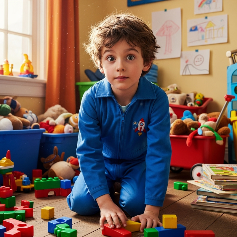 Curious 8-Year-Old Boy in Colorful Room