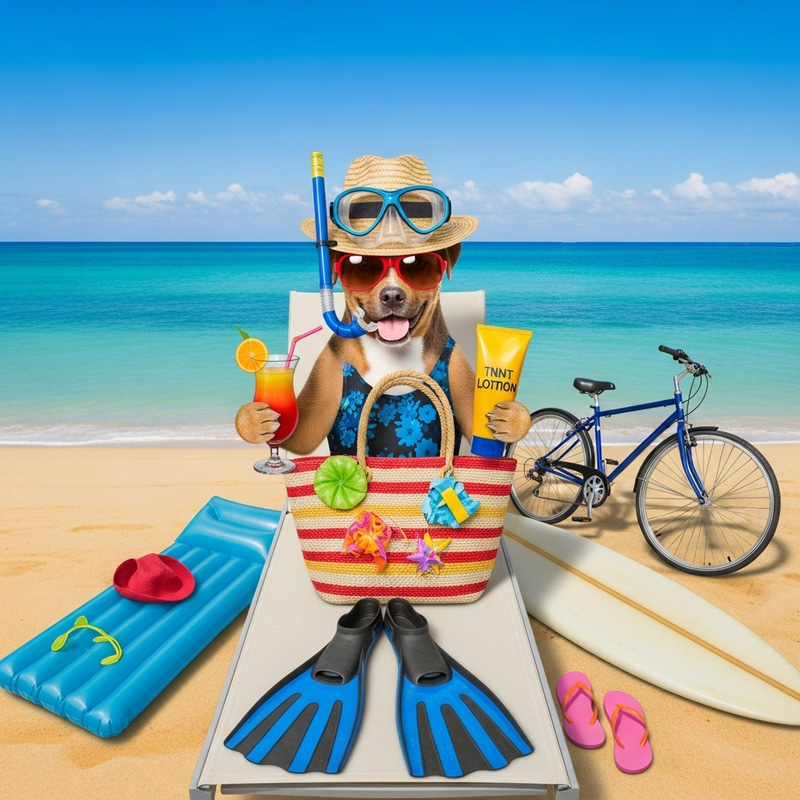 Dog Enjoying Seaside Paradise: Selfie with Resort Accessories Dog Enjoying Seaside Paradise: Selfie with Resort Accessories