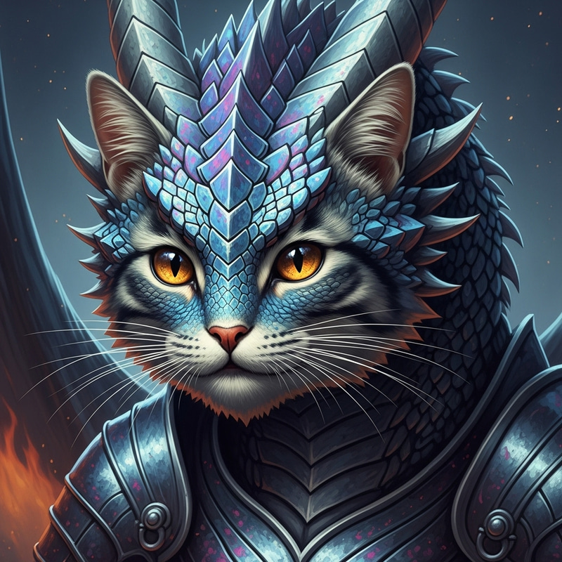 Mythical Dragon Cat | Fiery Scales in Night Sky