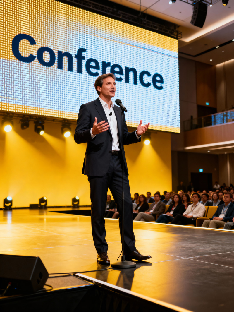 Keynote Speaker Model on Stage at Conference