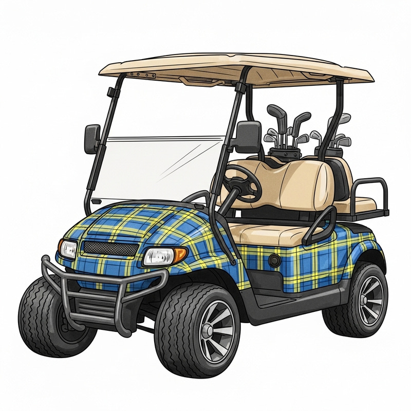 Hand-Drawn Blue & Yellow Plaid Golf Cart Sketch