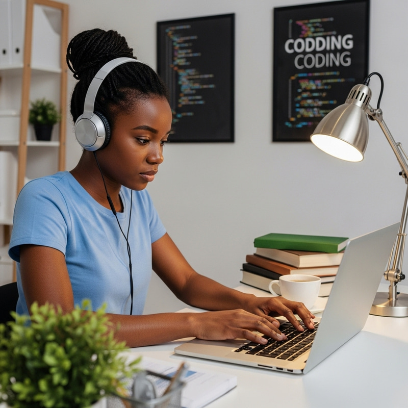 African Young Lady Coding with Determination | Black Woman Tech Enthusiast
