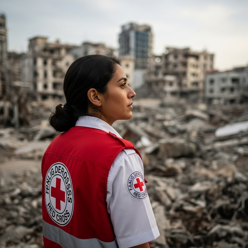 Red Cross Rescuer Facing City Ruin