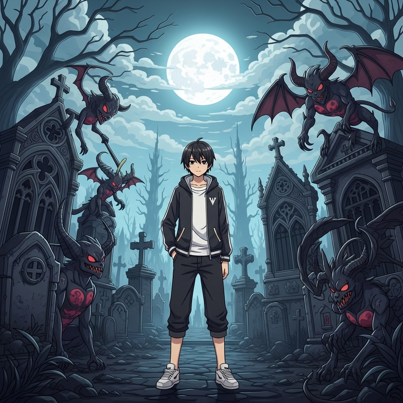 Anime Character Surrounded by Fantastical Creatures in Eerie Graveyard | Ghostly Moonlight Anime Character Surrounded by Fantastical Creatures in Eerie Graveyard | Ghostly Moonlight