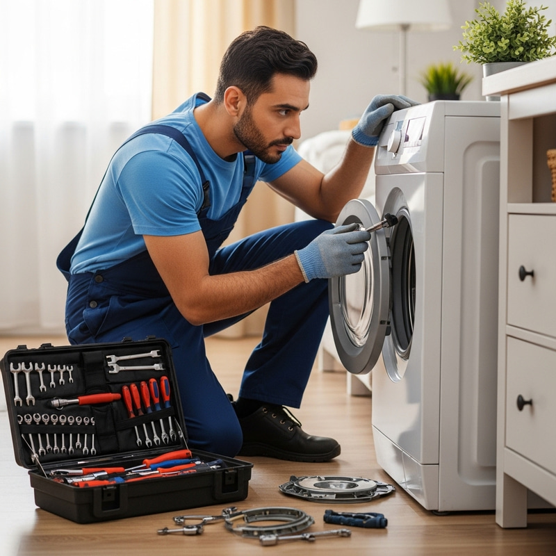 High-Quality Man in Uniform Repairing Washing Machine at Home