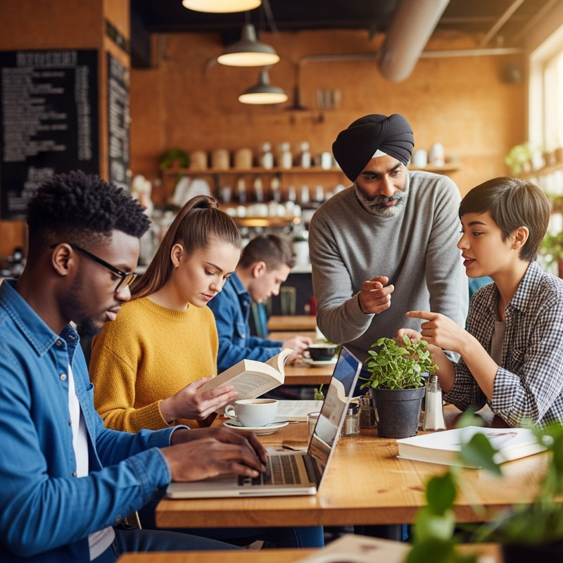 Vibrant Chat Scenes at a Rustic Coffee Shop Vibrant Chat Scenes at a Rustic Coffee Shop
