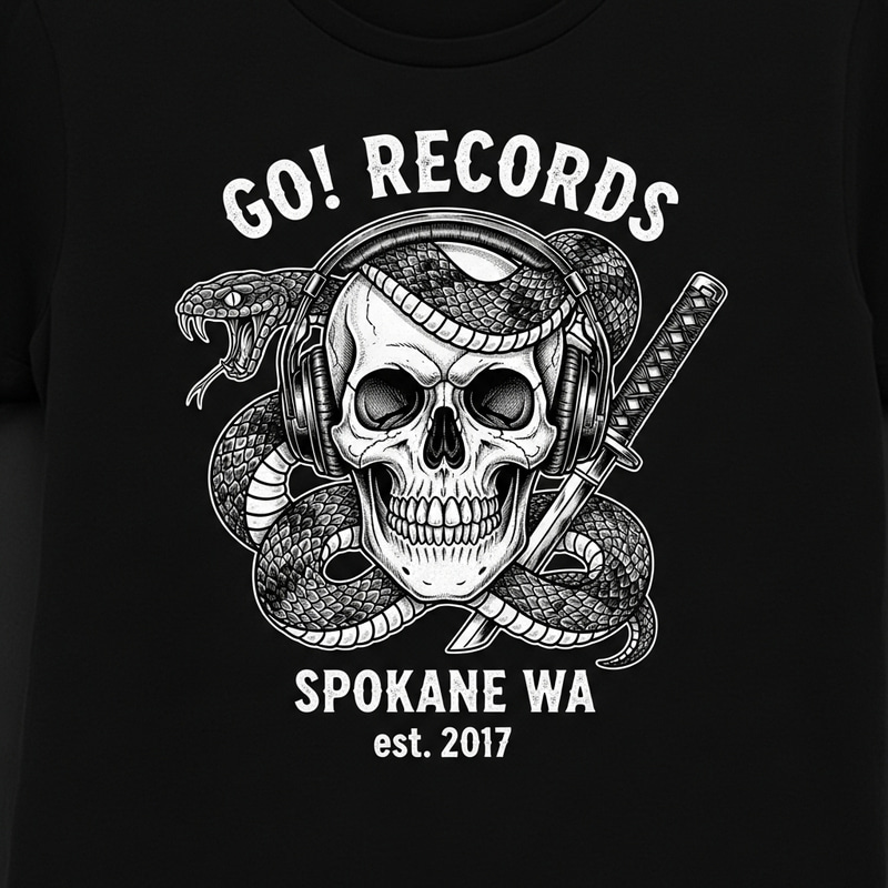 Mystery Skull Headphones Snake Tee - Go! Records Mystery Skull Headphones Snake Tee - Go! Records