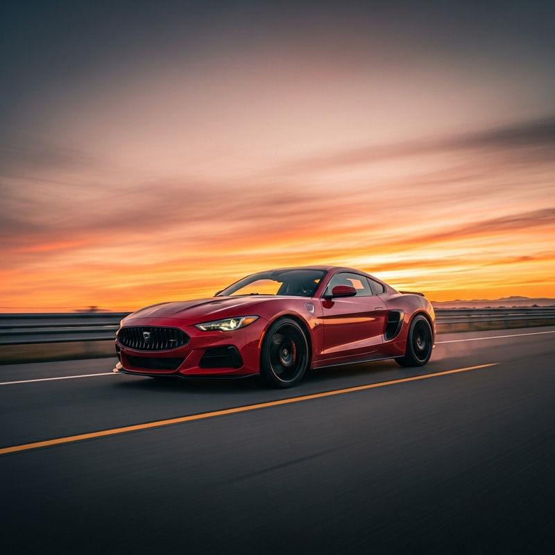 Red Sports Car at Sunset – Thrilling Action Photography Red Sports Car at Sunset – Thrilling Action Photography