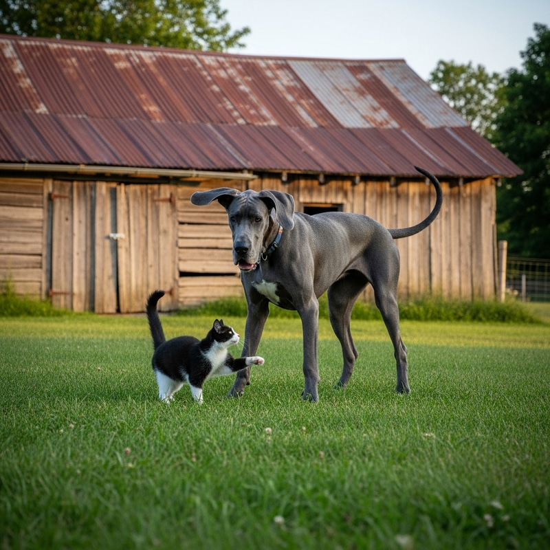 Blue Great Dane Playing with Cat in Countryside Setting