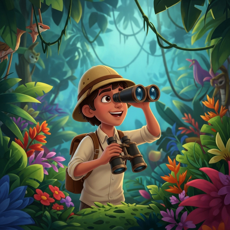 Young Explorer in Beige Shirt with Binoculars in Jungle Adventure Young Explorer in Beige Shirt with Binoculars in Jungle Adventure