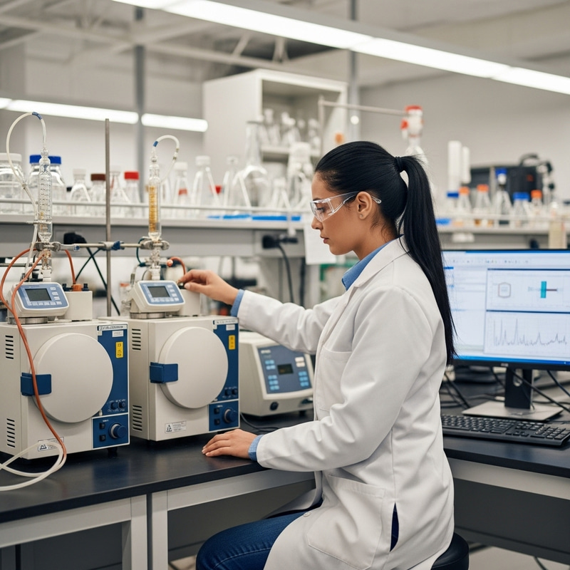 Determined Hispanic Female Chemical Engineer in Action Determined Hispanic Female Chemical Engineer in Action