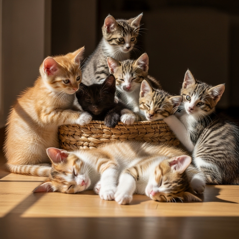 Cute Kittens Playing and Napping in Cozy Basket