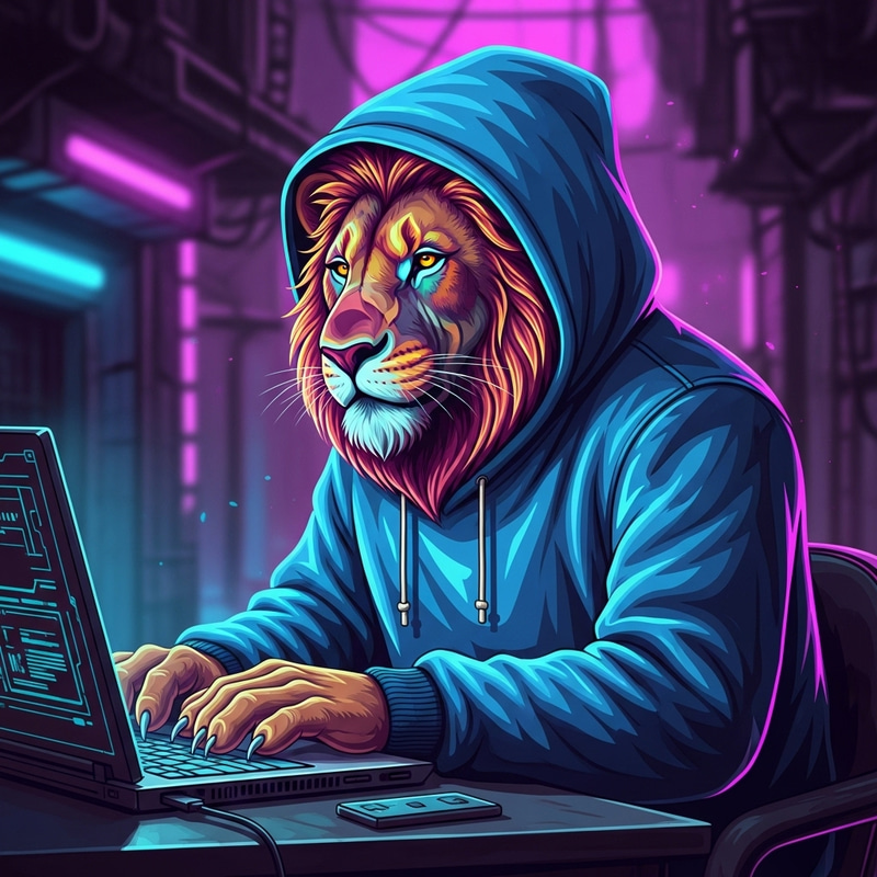 Neon Lion in Blue Hoodie Hack | Concept Art