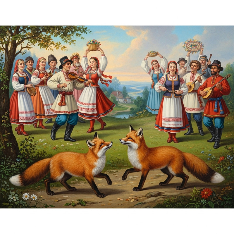 Cute Foxes Amid Slavic Landscape - Traditional Festival Scene
