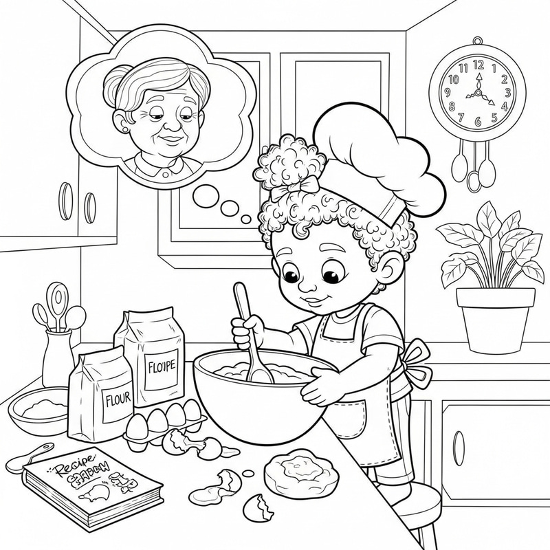 Child Cooking with Love in Memory of Loved One - Playful Cartoon Style Child Cooking with Love in Memory of Loved One - Playful Cartoon Style
