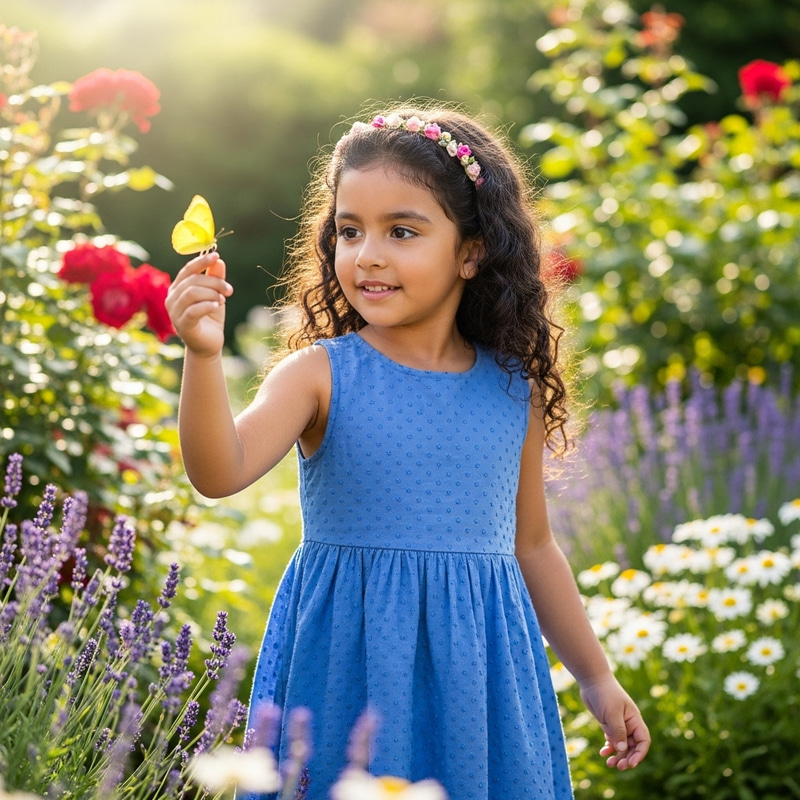 Young Hispanic Girl Playing with Yellow Butterfly in Garden Young Hispanic Girl Playing with Yellow Butterfly in Garden