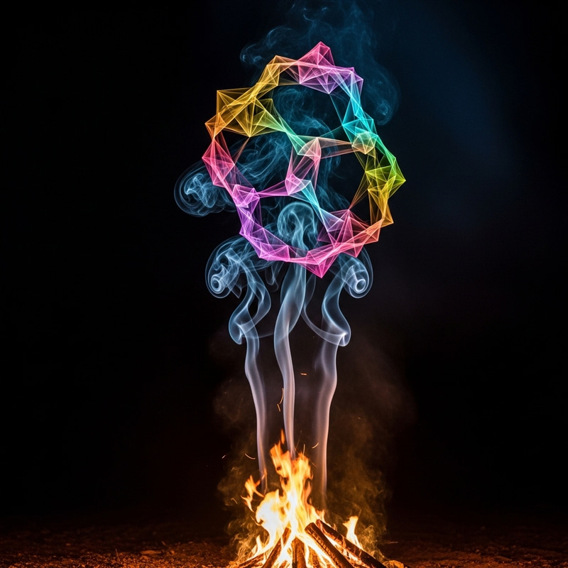 Vivid Geometric Fractal Smoke Art Over Campfire | Night Sky Vivid Geometric Fractal Smoke Art Over Campfire | Night Sky