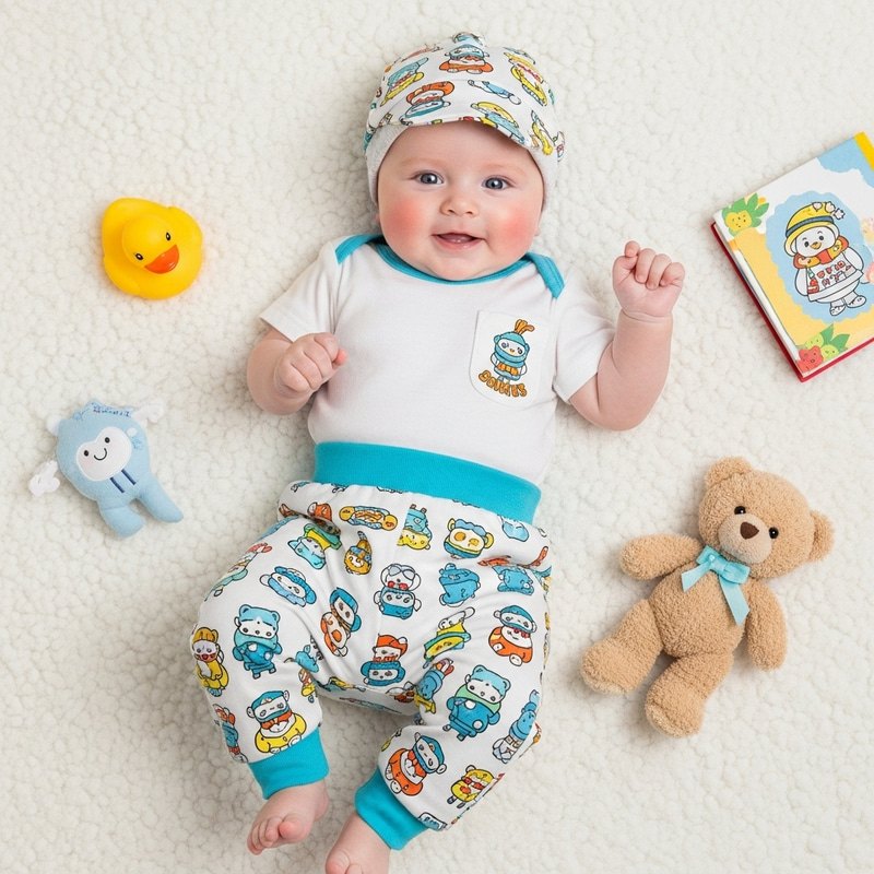 Cute Baby in Colorful Outfit on Soft Cloud Blanket