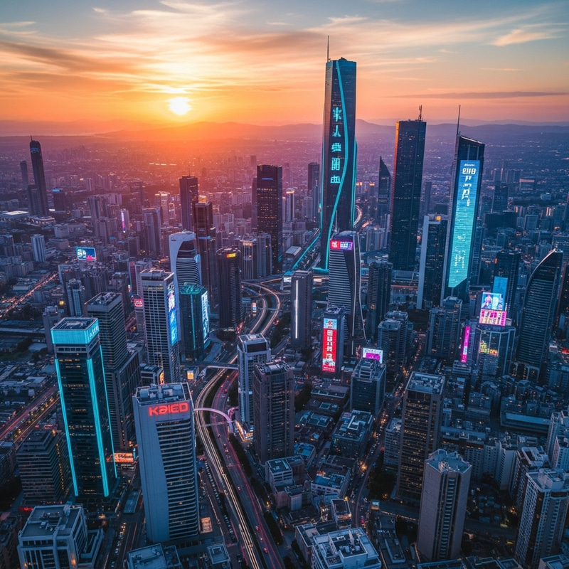 Vibrant Cyberpunk Cityscape at Sunset | Neon Lights & Sleek Architecture Vibrant Cyberpunk Cityscape at Sunset | Neon Lights & Sleek Architecture