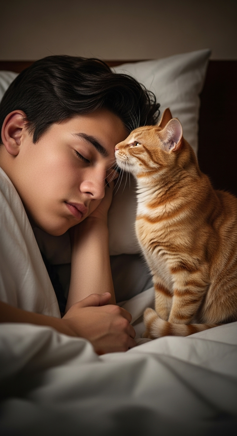 Realistic Portrait of Tranquil 15-Year-Old Boy Sleeping with Ginger Cat