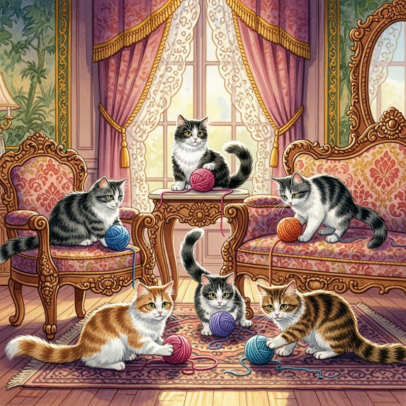 Elegant Victorian Parlor with Playful Cats and Yarn in Watercolor