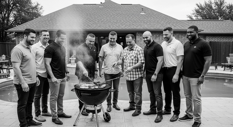 Diverse Men Enjoying Texas Style BBQ Feast in Timeless Black and White