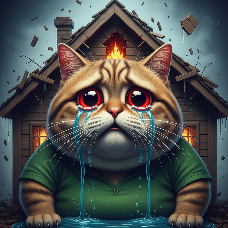 Heartwrenching Sad Cat Breaks House Roof - Greg Rutkowski Art Heartwrenching Sad Cat Breaks House Roof - Greg Rutkowski Art