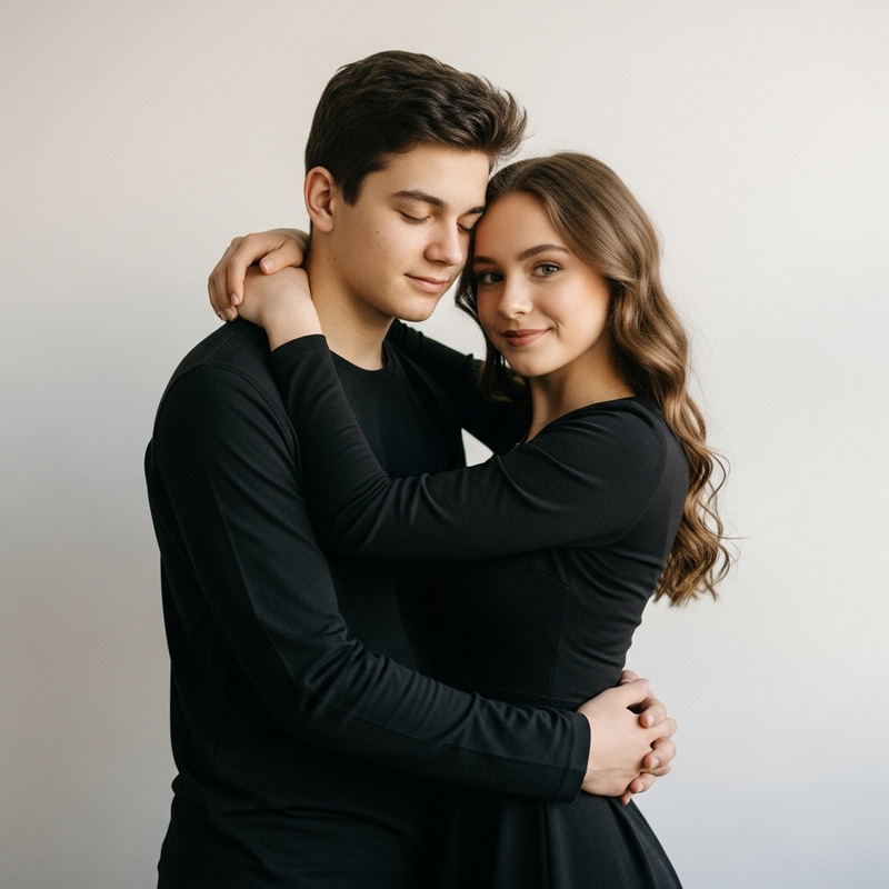 Boy in Black Shirt Hugs Girl Against White Wall Boy in Black Shirt Hugs Girl Against White Wall