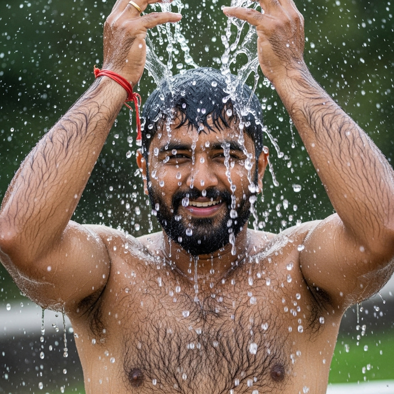 Refreshing Water Soak: Drenched Hairy Man in Nature