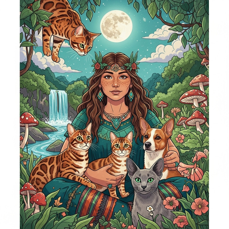Golden Bengal Cat and Shaman Woman by Moonlit Nature Scene