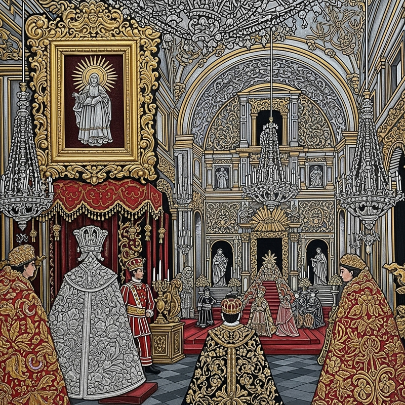 Viceroyal Era Art: Grandeur & Majesty Depicted in a Lavishly Ornamented Scene Viceroyal Era Art: Grandeur & Majesty Depicted in a Lavishly Ornamented Scene