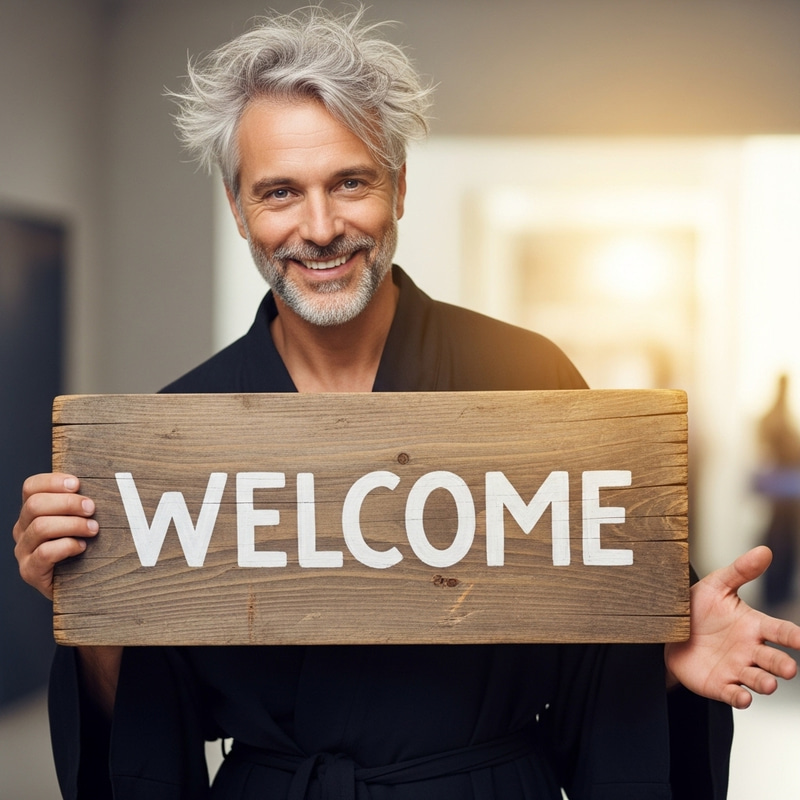 Cheerful 40-Year-Old Man Welcoming Guests with 'Welcome' Sign