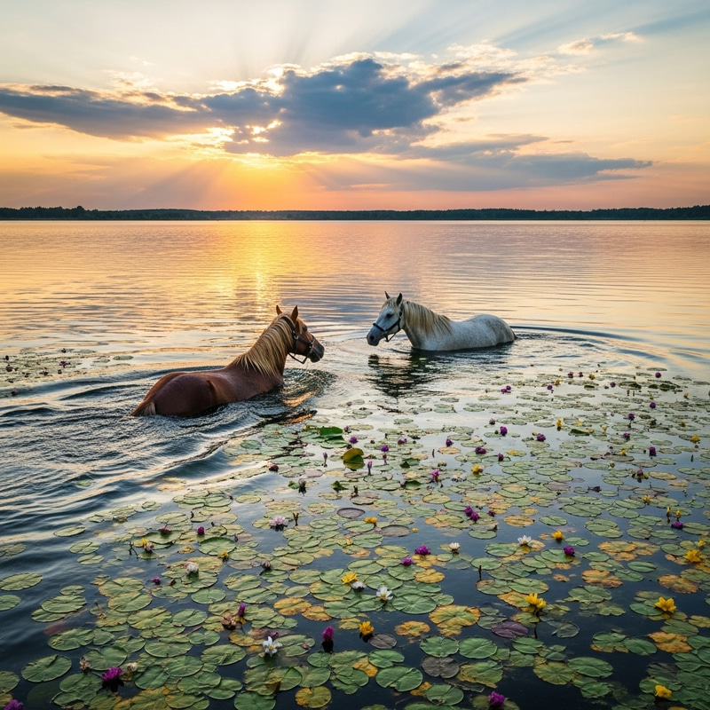 Majestic Horses Swimming Among Lily Pads at Sunset Majestic Horses Swimming Among Lily Pads at Sunset