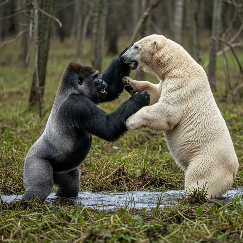 Epic Gorilla vs Polar Bear Showdown in Swamp: Wildlife Encounter Epic Gorilla vs Polar Bear Showdown in Swamp: Wildlife Encounter