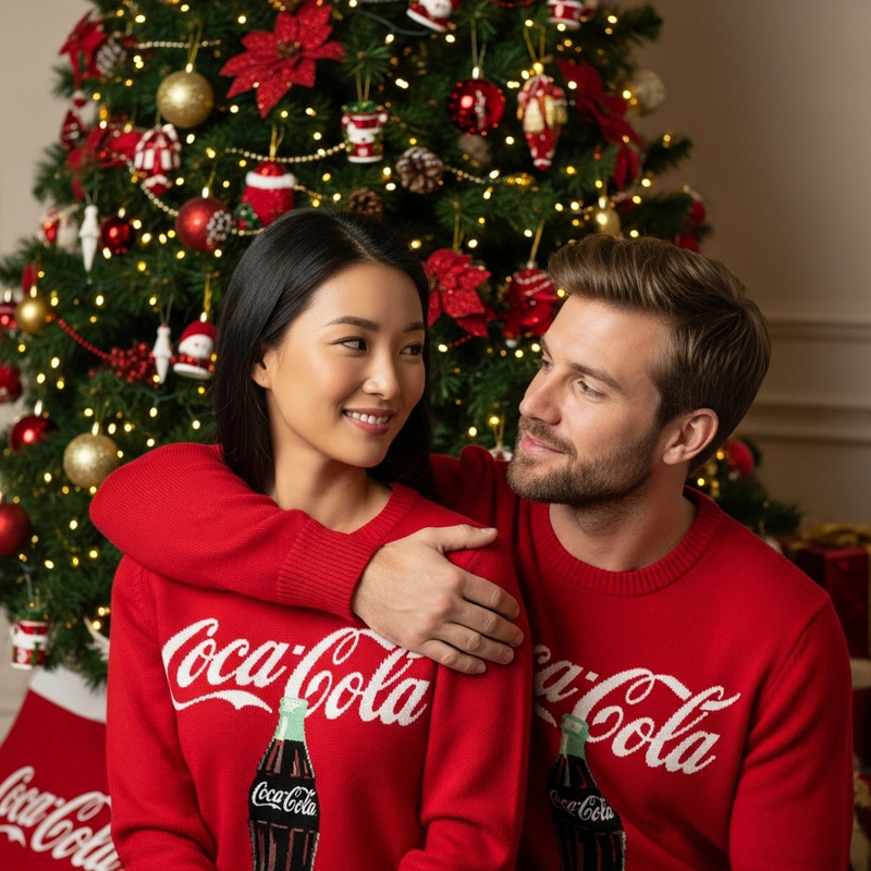 Realistic Image of Asian Woman Embracing French Man | Coca-Cola Sweaters Realistic Image of Asian Woman Embracing French Man | Coca-Cola Sweaters