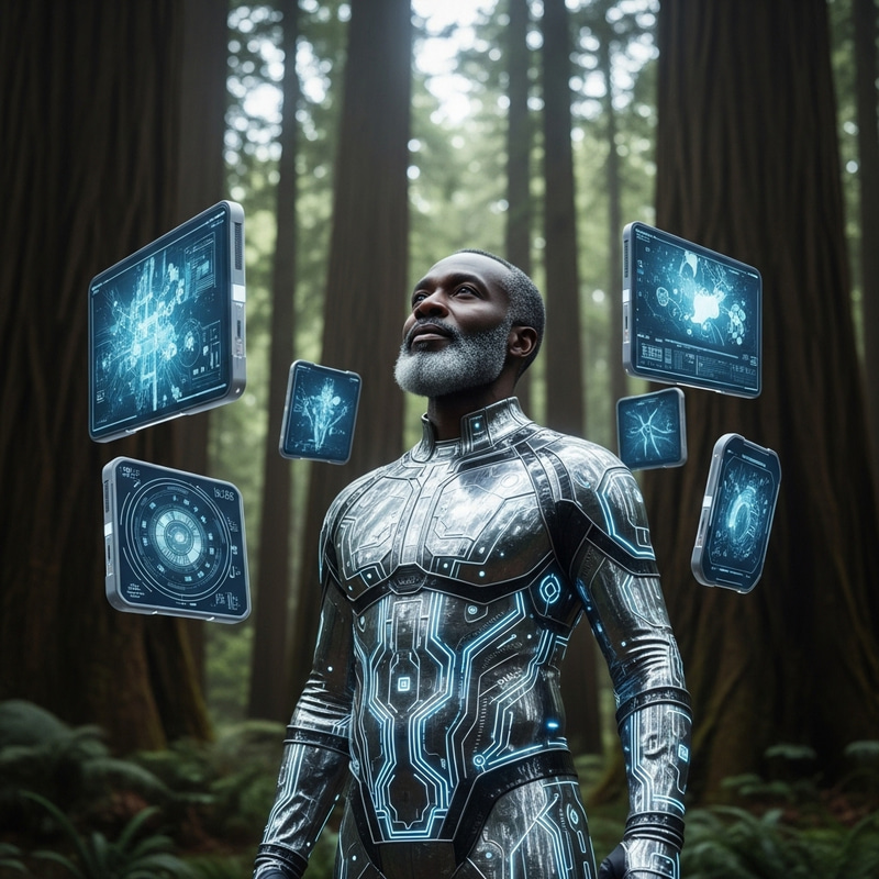 Futuristic Man Enjoying Nature's Beauty | Sci-Fi Tech Fusion Futuristic Man Enjoying Nature's Beauty | Sci-Fi Tech Fusion