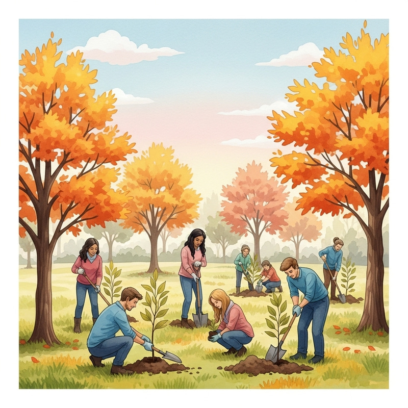 Community Tree Planting in Autumn Watercolor Community Tree Planting in Autumn Watercolor