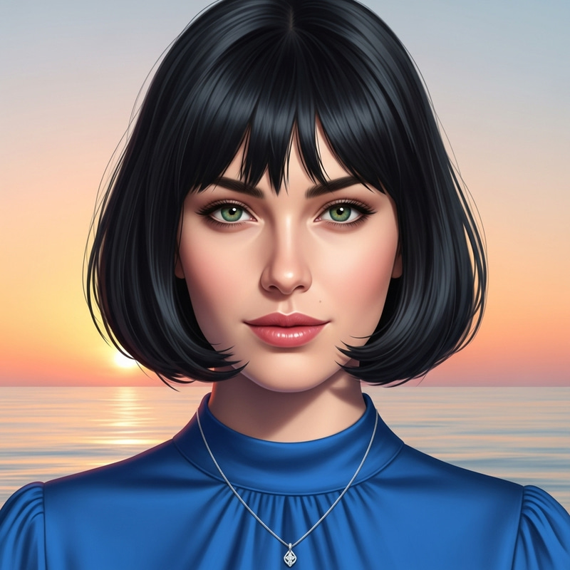 Portrait of Woman with Dark Bob Hair and Striking Green Eyes Portrait of Woman with Dark Bob Hair and Striking Green Eyes