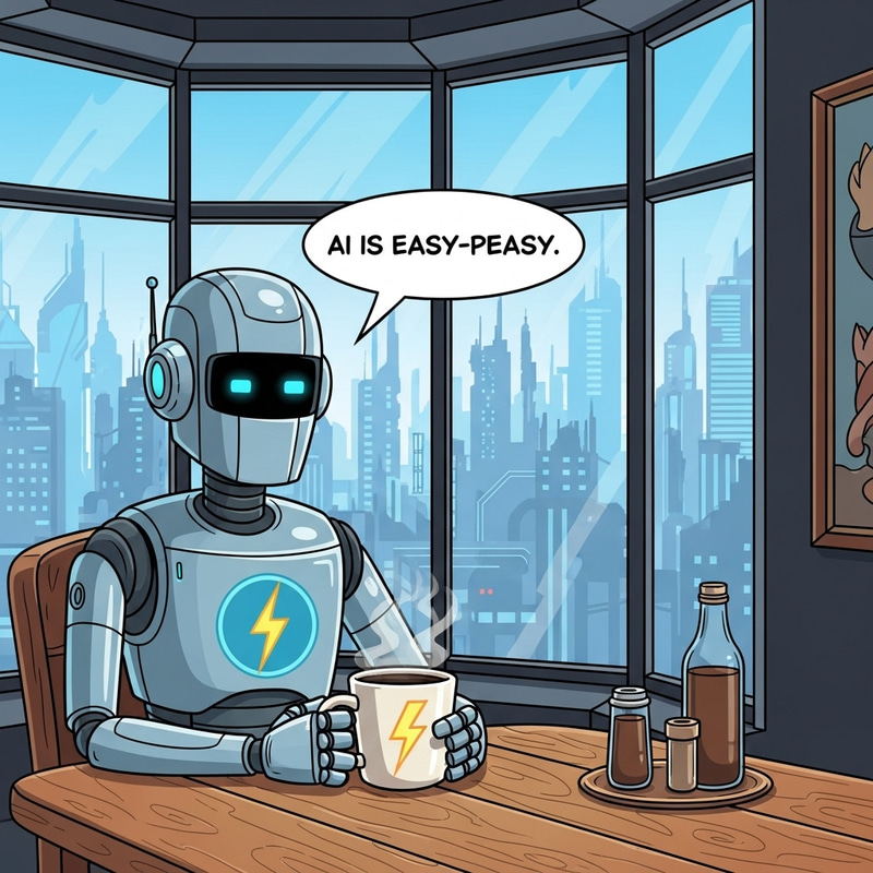 Futuristic Robot Sipping Coffee with AI Symbol in Cafe