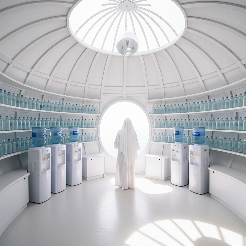 Elegant Round Room with Water Coolers and Bottles Elegant Round Room with Water Coolers and Bottles