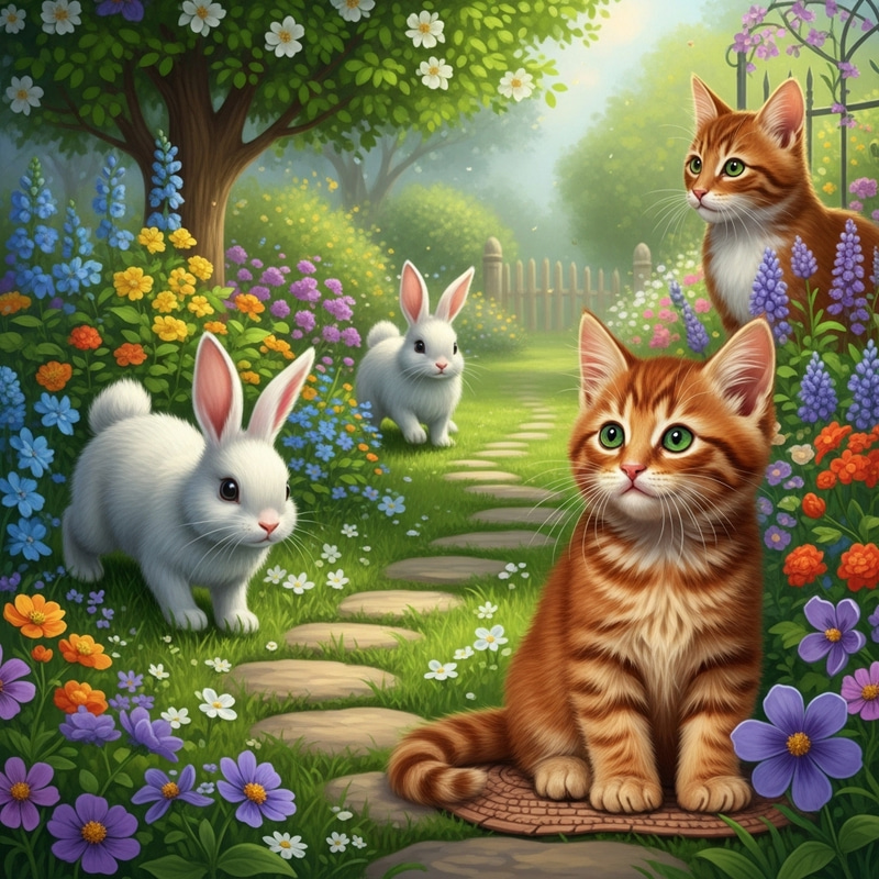 Enchanting Garden Adventure with Curious Bunny and Kitten Enchanting Garden Adventure with Curious Bunny and Kitten