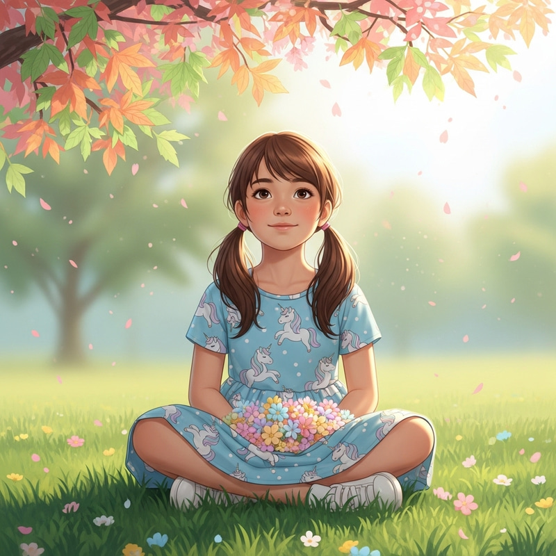 Ethereal Pastel Scene: Asian Girl on Lush Grass | Calm Beauty