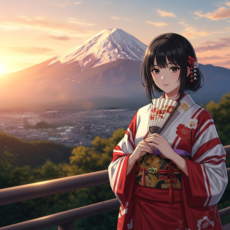 Stunning Beauty in Traditional Kimono Against Mount Fuji Stunning Beauty in Traditional Kimono Against Mount Fuji