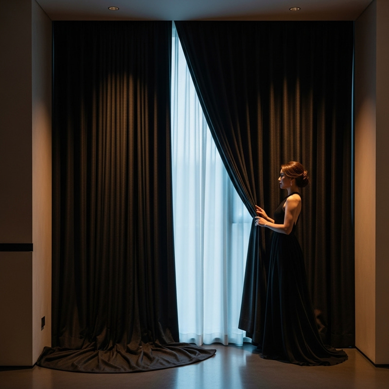 Elegant Woman in Modern Interior with Black Curtains Elegant Woman in Modern Interior with Black Curtains