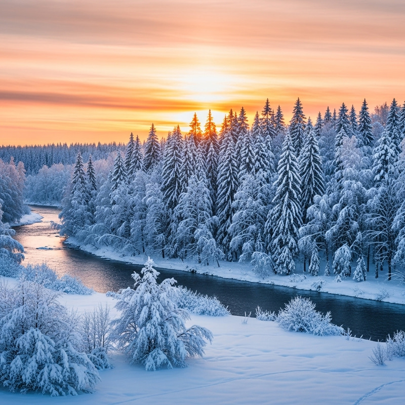 Winter Forest River Sunset View