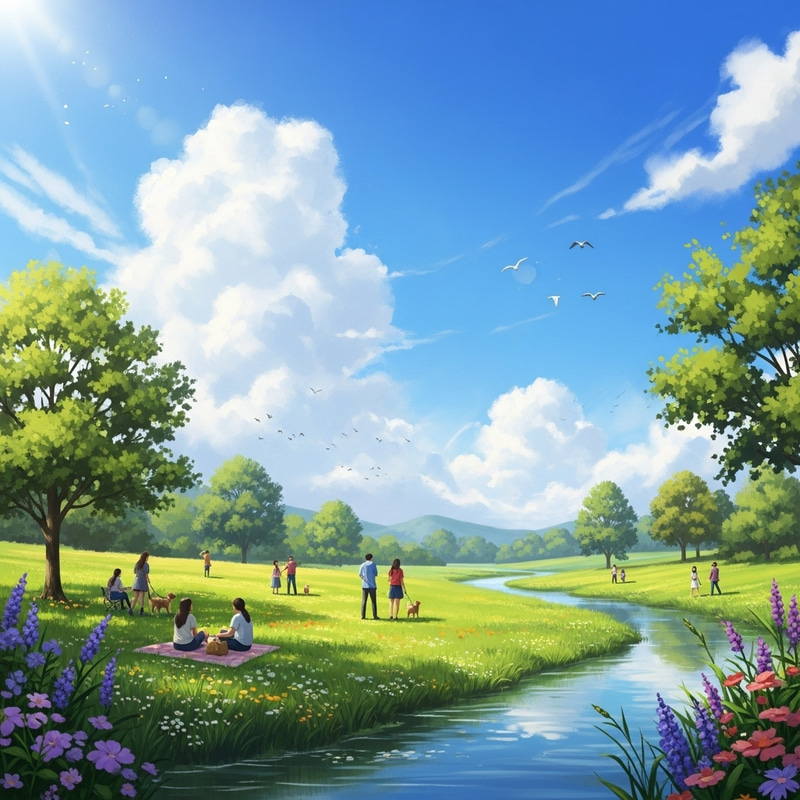 Beautiful Day in Vibrant Meadow: Birds, Trees, and Nature Beautiful Day in Vibrant Meadow: Birds, Trees, and Nature