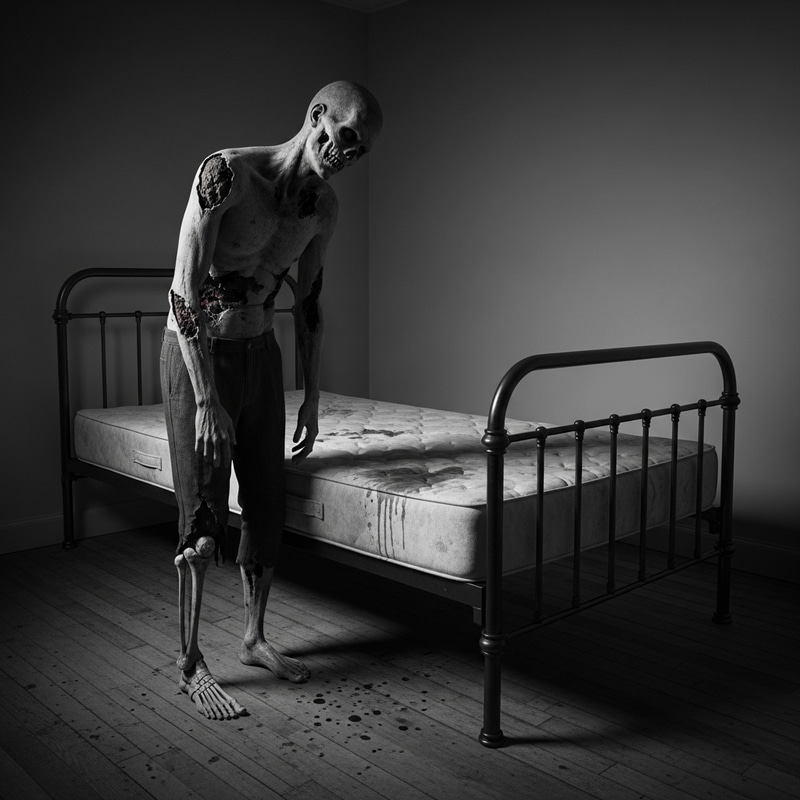 Decayed Zombie with Exposed Bone in Grayscale Room