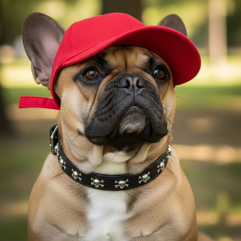 French Bulldog with Red Cap and Skull Collar French Bulldog with Red Cap and Skull Collar