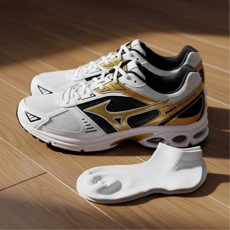 Sleek White Running Shoes with Gold Accents | Nike Swoosh Design Sleek White Running Shoes with Gold Accents | Nike Swoosh Design