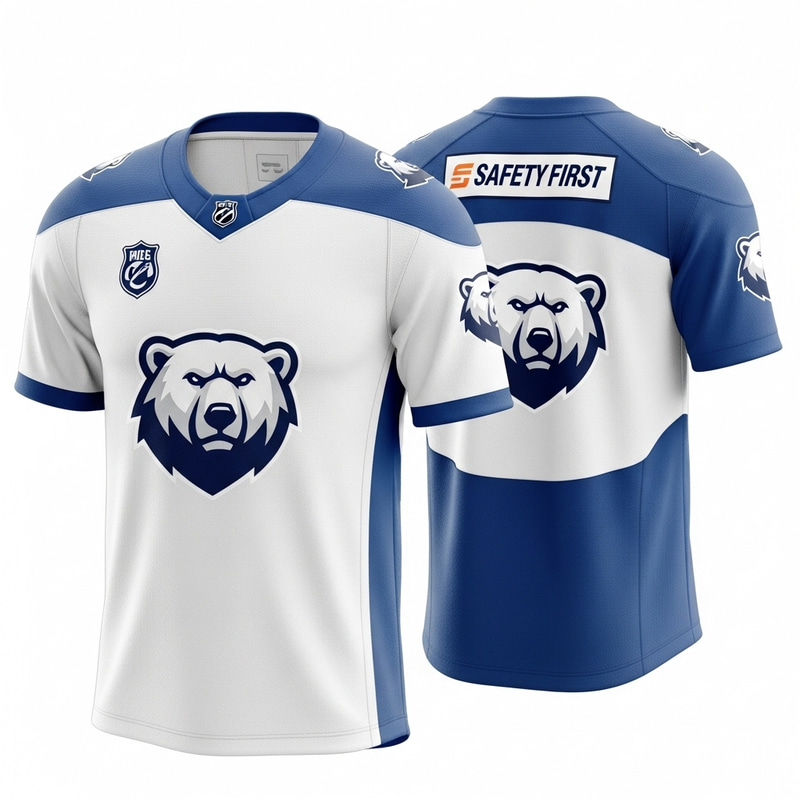 White and Blue Jersey with Polar Bear and Safety-First Logos